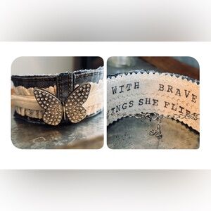 Upcycled Denim and Lace Butterfly Embellished Cuff Bracelet Brave Wings